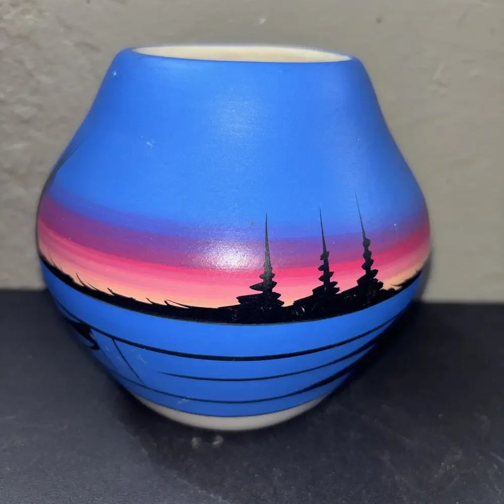 Native American Hand Painted Vase Signed Approximately 5”x5”